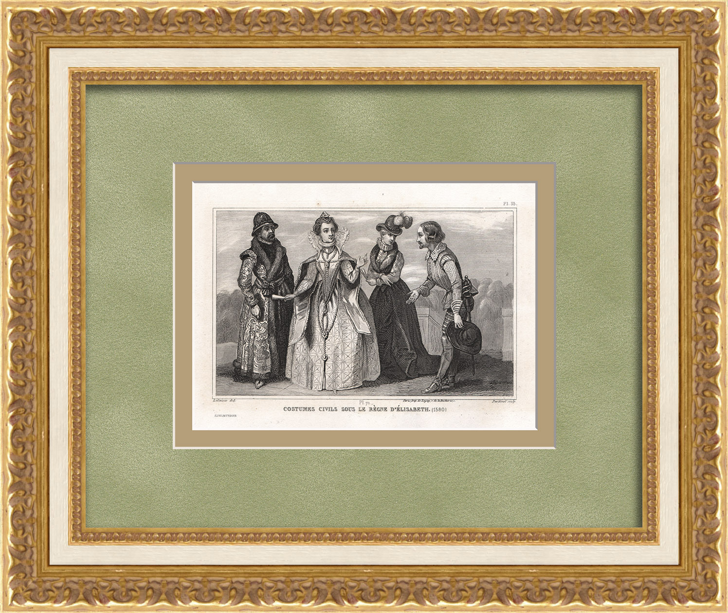 Костюмы времен правления королевы Елизаветы Тюдор. Старинная гравюра