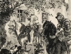 Рыцари в пути. Старинный офорт по картине А. Менцеля