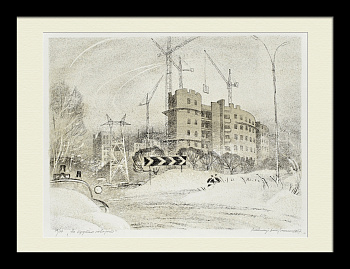 На крутом повороте - строительство дома. Авторская, винтажная гравюра