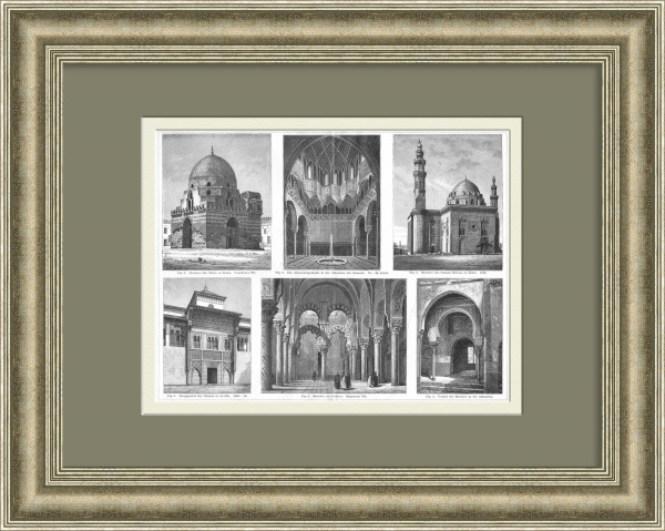 Мечети Испании и Египта. Старинная литография в раме