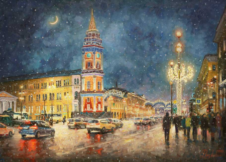 Предновогоднее настроение. Санкт-Петербург, Невский проспект. Картина И. Разживина
