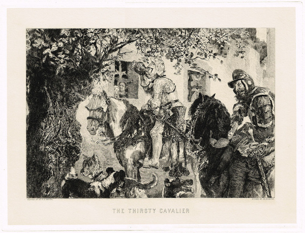 рыцари в пути. старинный офорт по картине а. менцеля