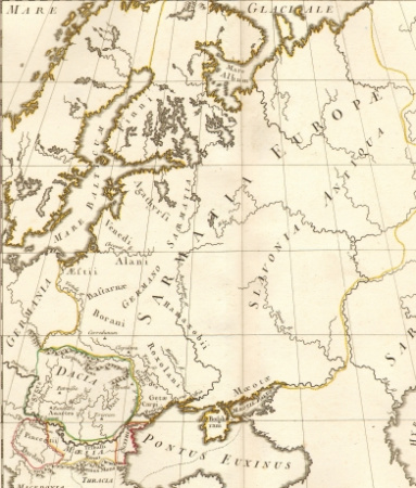 историческая гравированная карта европейской россии "сарматия, дакия, мёзия", 1772 год, в раме 45х70 см