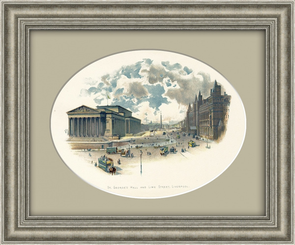 Суд и Георгиевский зал в Ливерпуле, Англия. Антикварная хромолитография