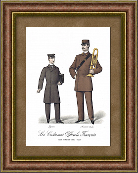 Униформа французского лицеиста и музыканта военного оркестра, антикварная литография