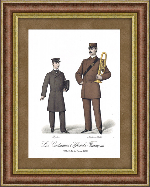 Униформа французского лицеиста и музыканта военного оркестра, антикварная литография