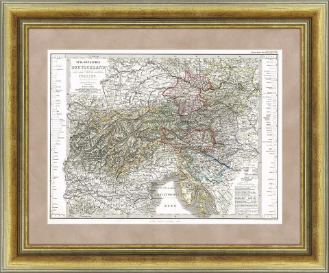 Юго-восточная Германия и Италия, антикварная гравированная карта 40х50 см