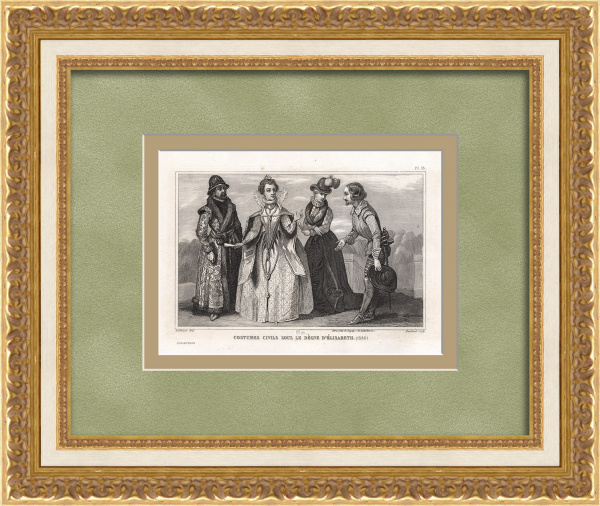 Костюмы времен правления королевы Елизаветы Тюдор. Старинная гравюра