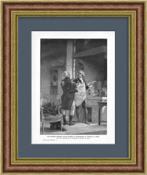 Великие химики Лавуазье и Бертолле в Сорбонне. Антикварная литография