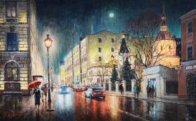 Улицы, умытые дождем. Большая Никитская улица. Картина И. Разживина