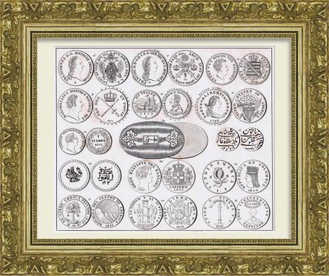 Монеты Южной Америки и Западной Европы. Литография 19 века
