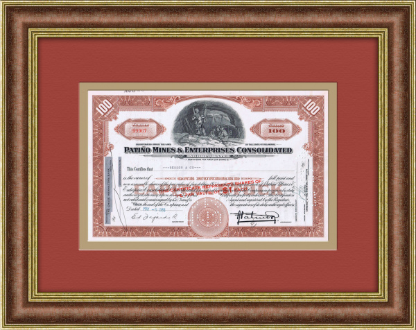 Шахты и добыча олова: Сертификат на 100 акций боливийской компании Patino Mines & Enterprises Consolidated Inc. 1955 года Шахты и добыча олова: Сертификат на 100 акций боливийской компании Patino Mines & Enterprises Consolidated Inc. 1955 года