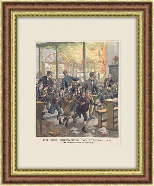 Спасение детей в гимназии от пожара. Старинная литография