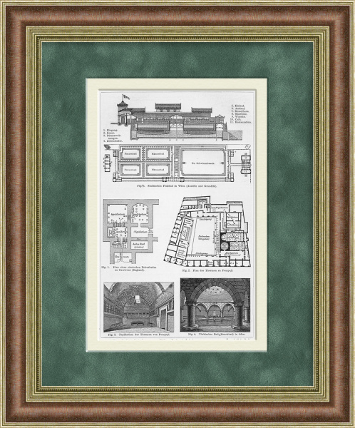 Архитектура бань и терм Европы. Старинная литография 19 века