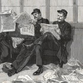 Охрана вокзала Сен-Лазар в дни забастовки железнодорожников 1891 г. Старинная литография