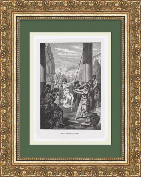 Прекрасная дева на качелях, Древняя Греция. Старинная гравюра