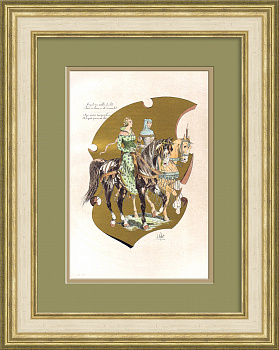 Средневековые знатные дамы на конной прогулке. Антикварная хромолитография