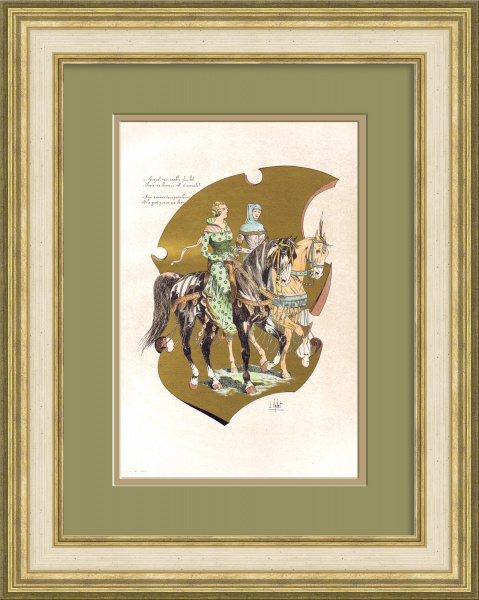 Средневековые знатные дамы на конной прогулке. Антикварная хромолитография