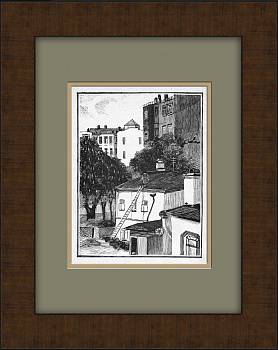 Старый московский дворик весной. Оригинальная гравюра И.Н. Павлова из цикла "Московские дворики"