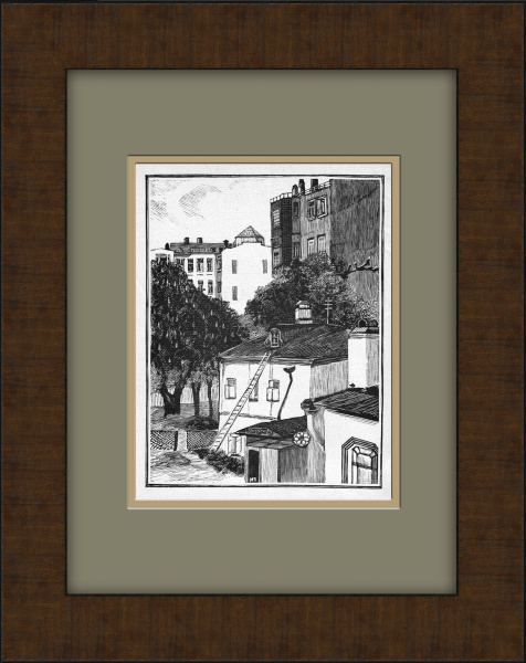 Старый московский дворик весной. Оригинальная гравюра И.Н. Павлова из цикла "Московские дворики"