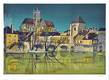 Вид на готический собор с набережной реки. Авторская литография Ж.-Л. Лекондре Вид на готический собор с набережной реки. Авторская литография Ж.-Л. Лекондре