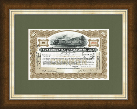 Сертификат на 10 акций железной дороги The New York, Ontario and Western Railway, 1937 г.