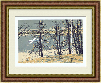 Вид на Лужники, Воробьевы горы, Москва. Авторская линогравюра Вид на Лужники, Воробьевы горы, Москва. Авторская линогравюра