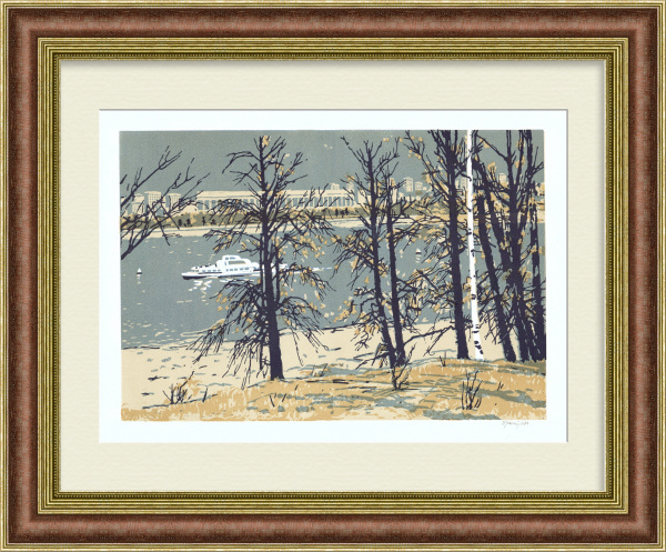 Вид на Лужники, Воробьевы горы, Москва. Авторская линогравюра Вид на Лужники, Воробьевы горы, Москва. Авторская линогравюра