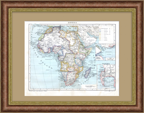 Старинная карта Африки с территориальным делением, 1907 г.