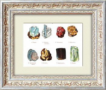 Топаз, цинк, натролит и другие природные камни. Антикварная хромолитография