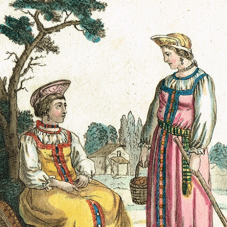 крестьянки московской губернии, антикварная французская гравюра от 1794 г.