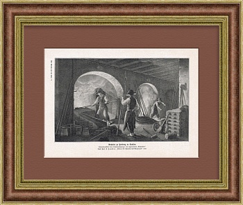 Антикварная литография "Плавление руды", 19 век