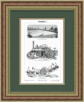 Сельское хозяйство: системы механизированных плугов. Антикварная литография