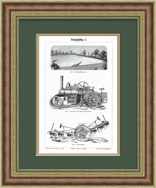 Сельское хозяйство: системы механизированных плугов. Антикварная литография