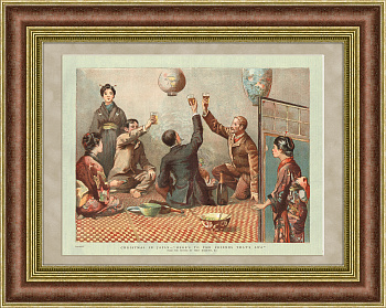 Англичане празднуют Рождество в Японии в компании гейш. Антикварная литография, 19 век