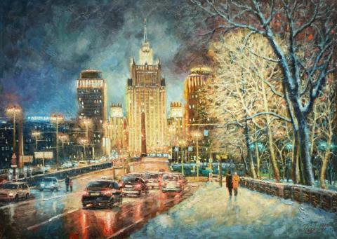МИД. Морозный вечер. Москва, Бородинский мост. Живопись, ВИП-уровень