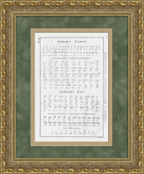Алфавиты Бали и Сиама (Таиланда), большая старинная гравюра 18 в.