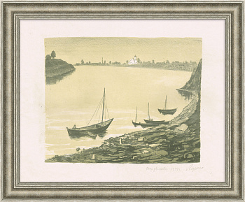 Лодки, утро на Неве. Авторская гравюра