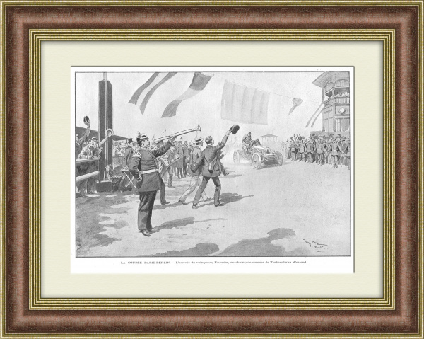 Автогонки 1901 года: финиш в Берлине. Антикварная литография