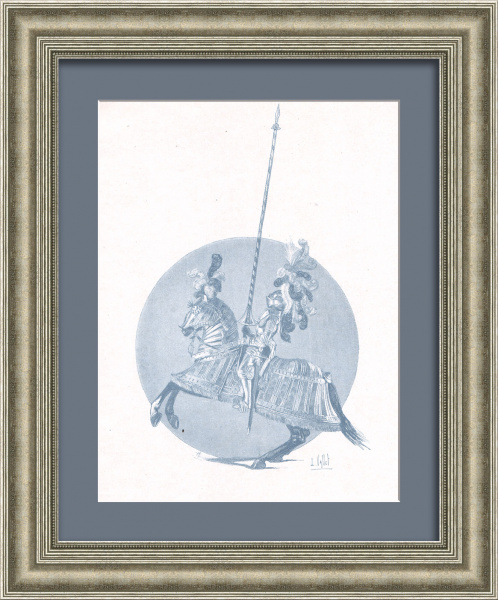 Средневековый рыцарь в «максимилиановском» доспехе. Старинная гравюра 19 века