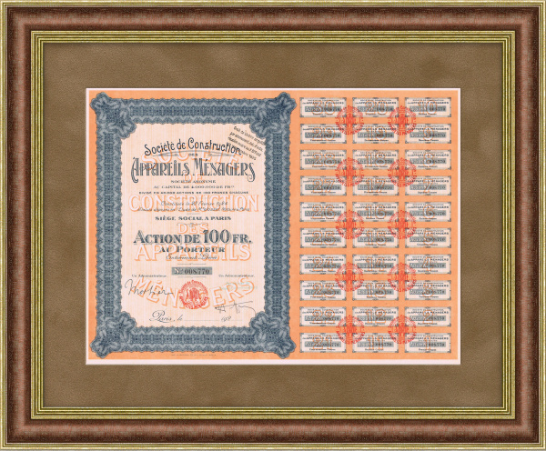 Производство бытовой техники, акция в 100 франков Societe de Construction des Appareils Menagers 1924 года