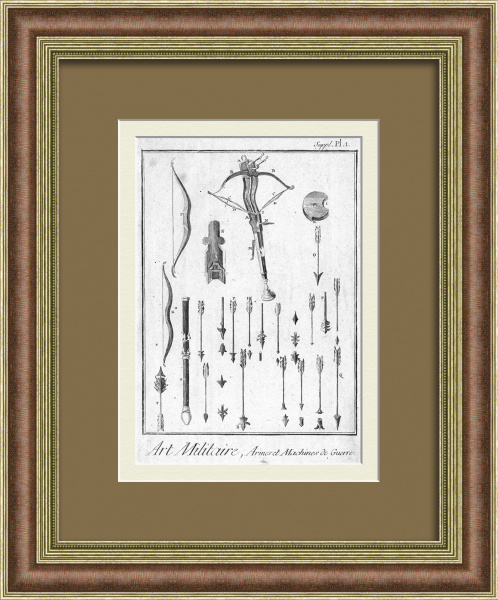 Устройство арбалета и виды стрел. Старинная гравюра 18 века