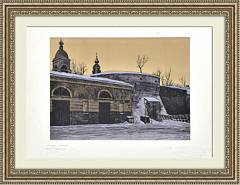 Китайгородская стена, памятник старой Москвы. Линогравюра И. Павлова