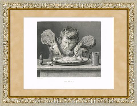 Мальчик за едой. Старинная гравюра по картине У. Ханта, 1880 г.