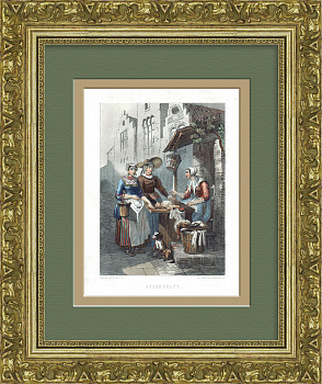 Собака - лучший помощник в торговле. Старинная гравюра с ручной раскраской