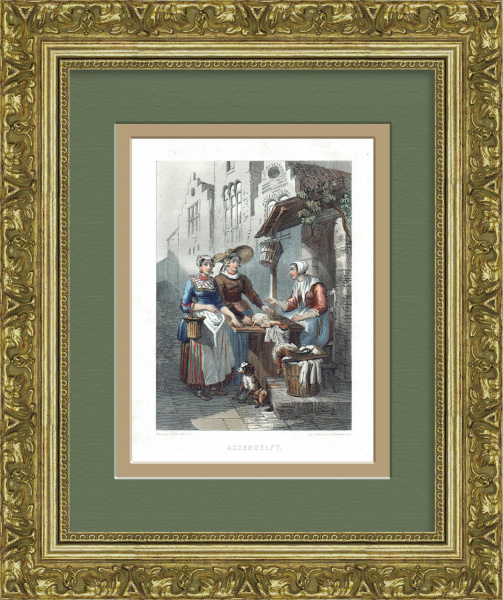 Собака - лучший помощник в торговле. Старинная гравюра с ручной раскраской