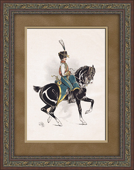 Лейб-гвардеец на коне. Старинная литография в раме