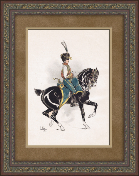 Лейб-гвардеец на коне. Старинная литография в раме