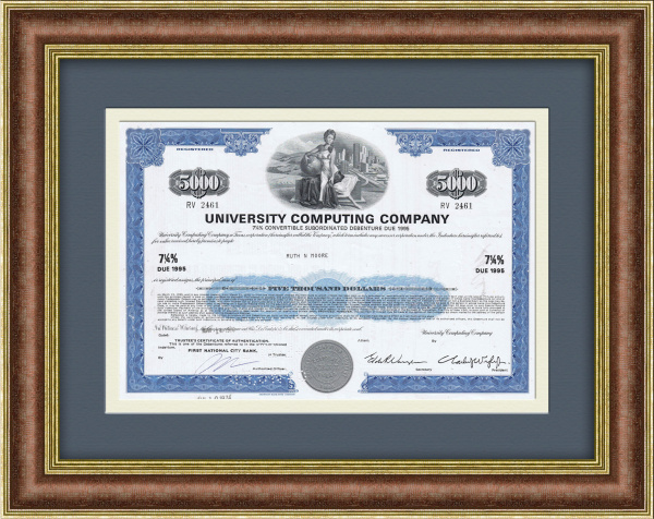 Программное обеспечение. Облигация компании University Coputing Company Бонд на 5000$, 1970 год