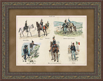 Униформа разных родов войск итальянской армии 19 века, хромолитография
